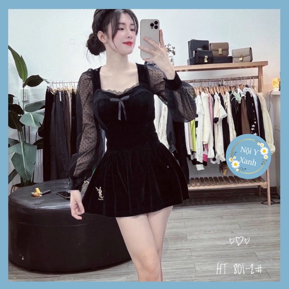 Chân váy nhung nữ ngắn xòe đi kèm đai YS vương quyền Nội Y Xanh hot trend thu đông ấm áp