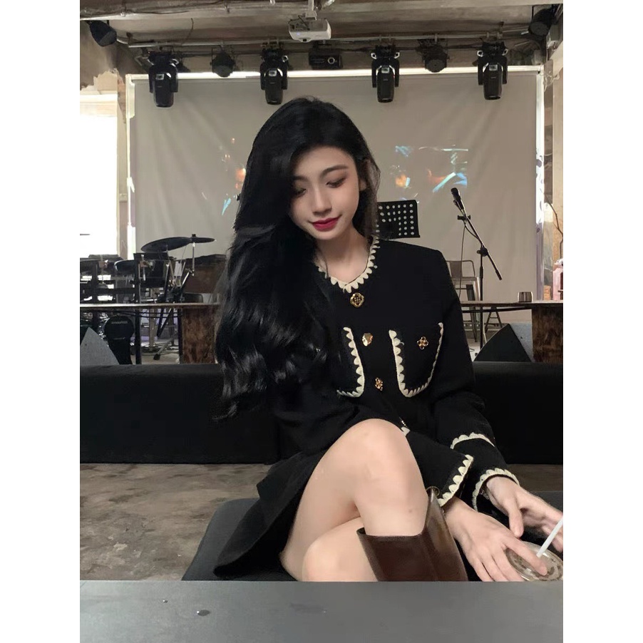 Set áo váy nhung Quảng Châu thiết kế dài tay phối viền ren tiểu thư, Set đồ nữ thu đông trẻ trung rẻ đẹp Bun Shop20