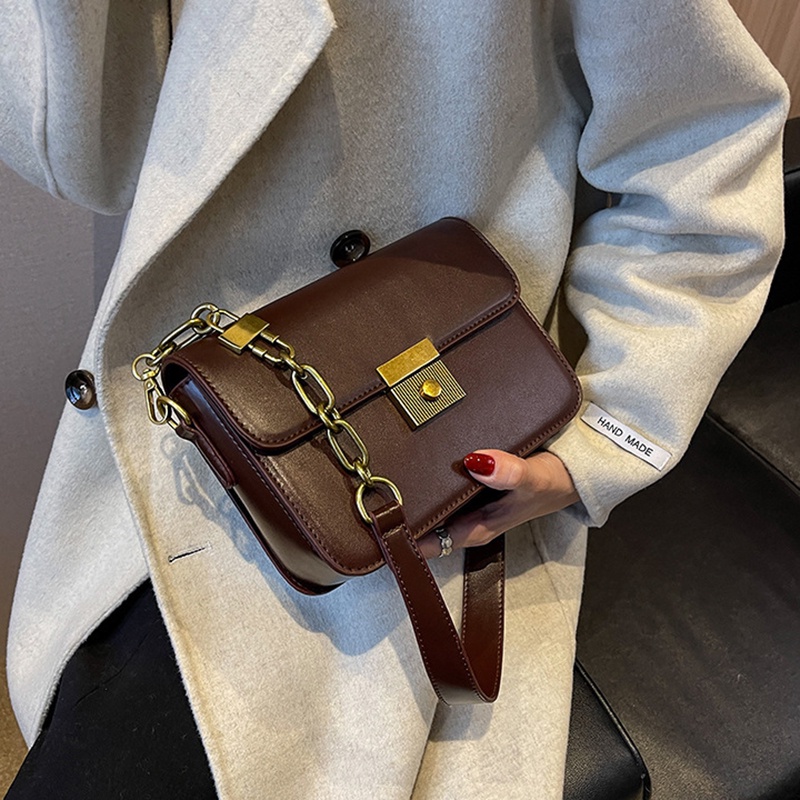 Túi Đeo Chéo Hình Vuông Nhỏ Màu Nâu Có Khóa Thời Trang Cho Nữ