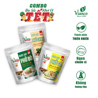 Combo 3 gói gia vị hoàn chỉnh súp cô đặc vị phở bò 200ml, gà 200ml, chay 200ml vianco tiện lợi