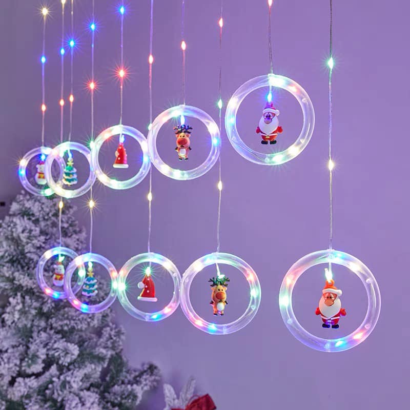 Mành Thả Tròn Noen Dây Đèn LED Hình Ông Già Noel Trang Trí Cây Thông Giáng Sinh