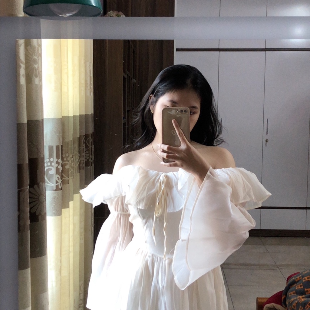 Váy Xòe Trễ Vai Voan Tơ Bồng Tay Loe Corset Eo Tiểu Thư Công Chúa Đi Chơi Chụp Ảnh Xuất Sắc