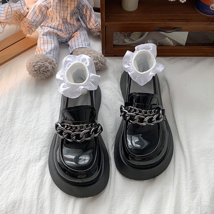 Giày Lolita nữ đen da bóng phối chuỗi xích tôn dáng đế dày cao 3-5cm phong cách Anh Quốc - Génial Shoes