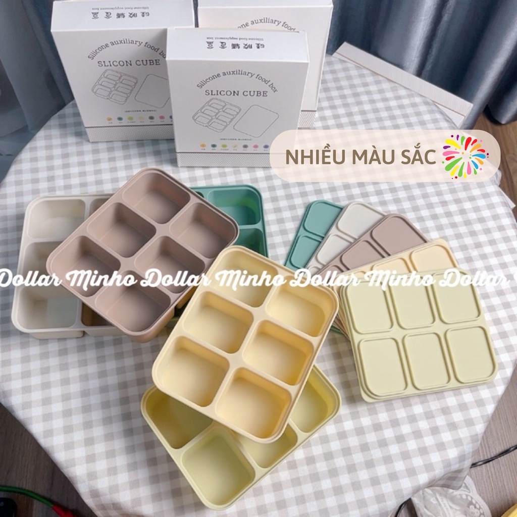 Khay trữ đông silicon 6 ngăn có kèm nắp cho bé ăn dặm, đựng nước daishi rau củ, các loại