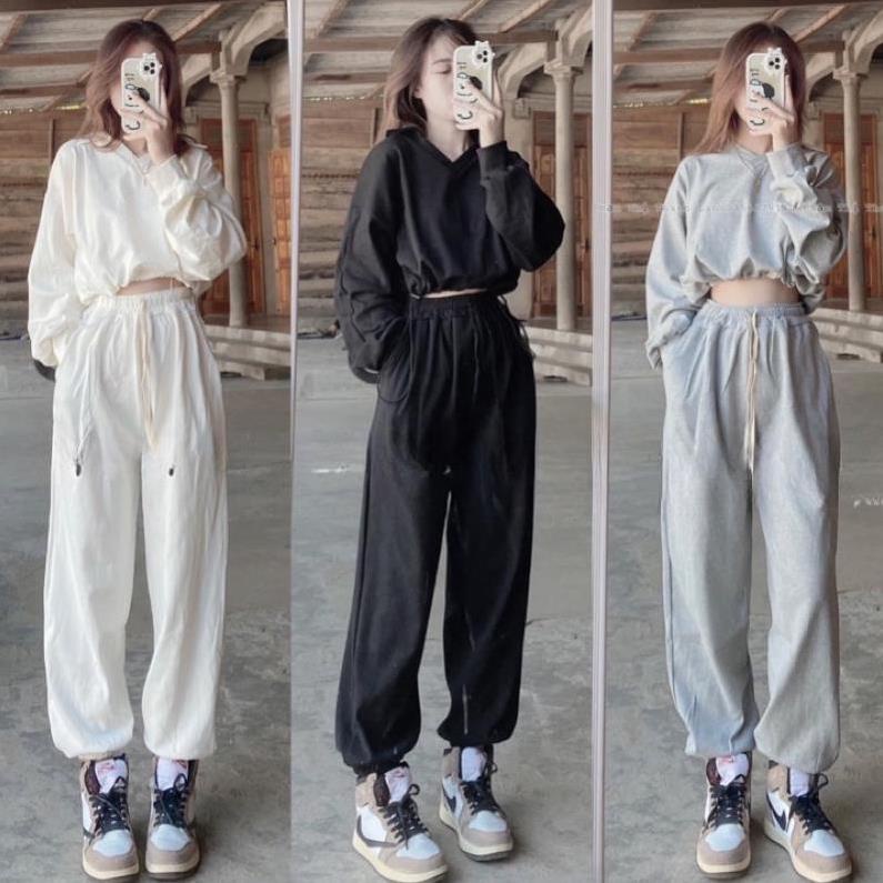 Set Bộ Quần Dài Ống Bom Rút Gấu Kèm Áo Croptop Tay Dài Cổ V Chất Bo Tăm Hàng Xuất Dư