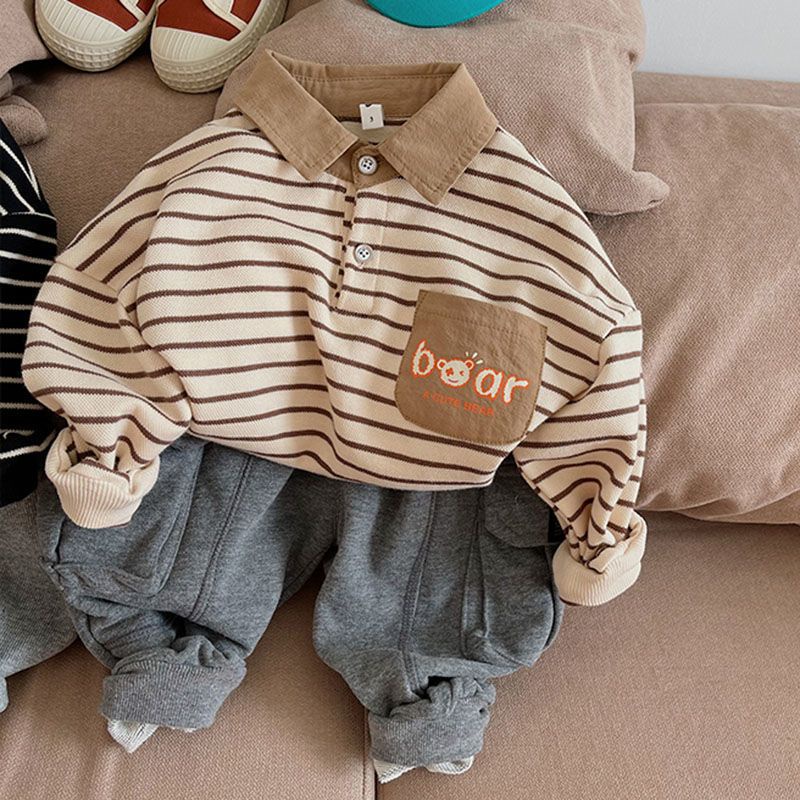 Áo polo Tay Dài Dáng Rộng Họa Tiết Kẻ Sọc Trắng Đen Phong Cách Hàn Quốc Thời Trang Cho Bé Trai 2021