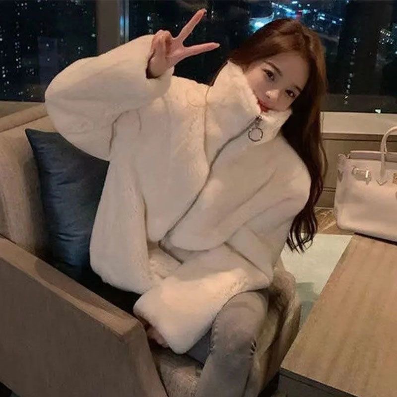 Áo khoác lông thỏ unisex form rộng thụng mềm mịn 2 lớp dày dặn ấm áo trơn phong cách Hàn Quốc