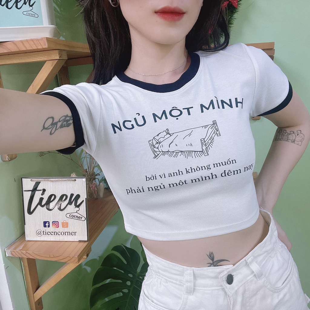 Áo thun croptop Hieuthuhai và Lê Dương Bảo Lâm "ngủ một mình" tay viền tieencorner 285