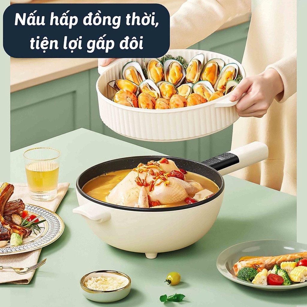 Chảo điện đa năng chống dính công suất lớn dung tích 4-6L có vỉ hấp, Nồi điện xào hấp chiên rán thông minh 2 tầng