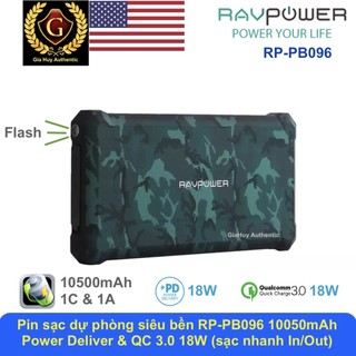 Pin sạc dự phòng chống nước IP67 RAVPOWER RP-PB096 10500mAh PD & QC 3.0 18W tích hợp đèn pin flash