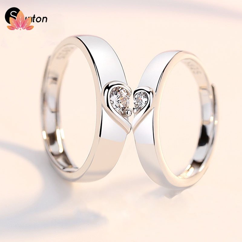 Bộ 2 Nhẫn Cưới Bạc 925 Đính Kim Cương Pha Lê Có Thể Điều Chỉnh Sunton JP5