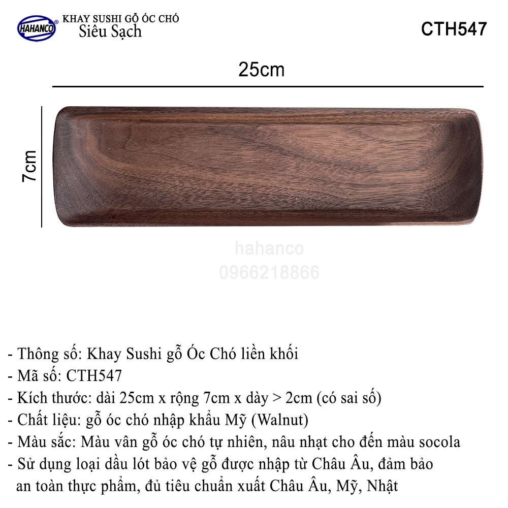 Khay Sushi gỗ Óc Chó nhập khẩu Mỹ nguyên khối - đựng đồ ăn/trang trí/Decor - CTH547