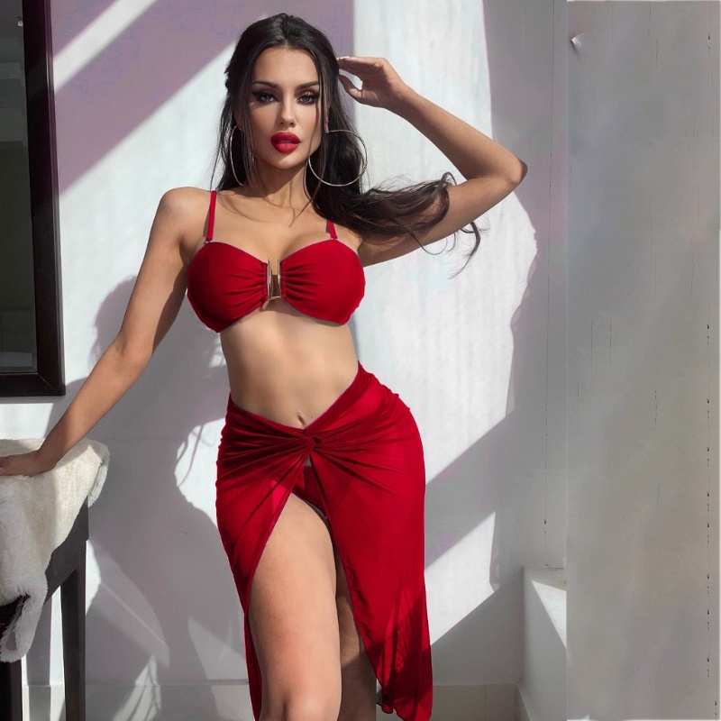 Bộ Đồ Bơi Bikini 3 Mảnh Kiểu Lọt Khe Màu Trơn Kèm Chân Váy Maxi Thời Trang Quyến Rũ Cho Nữ