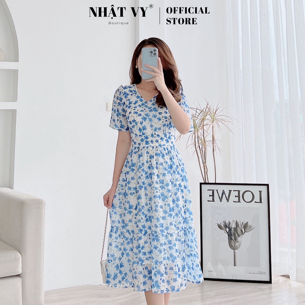 Đầm hoa maxi đi chơi Nhật Vy cổ V chiết eo dáng xoè phối đuôi cá chất voan tơ phù hợp công sở, dự tiệc, dạo phố - D2536