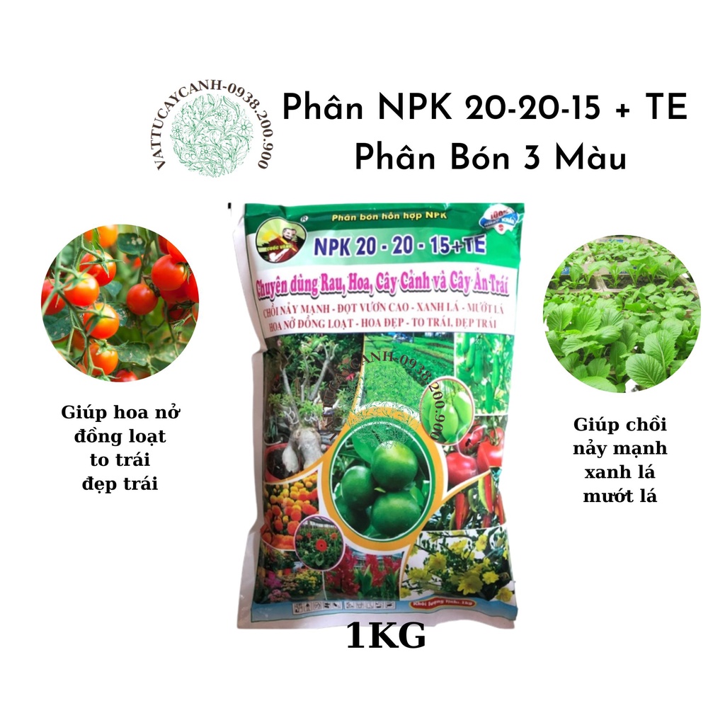 Phân NPK 20-20-15 + TE Gói 1kg, 20 20 15 - Phân Bón 3 Màu