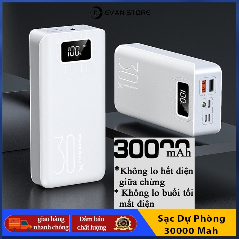 Sạc Dự Phòng chất lượng cao PIN Polymer cấp 30000mAh， 3 cổng sạc đầu vào, 2 cổng sạc đầu ra，có đèn LED， hỗ trợ sạc nhanh