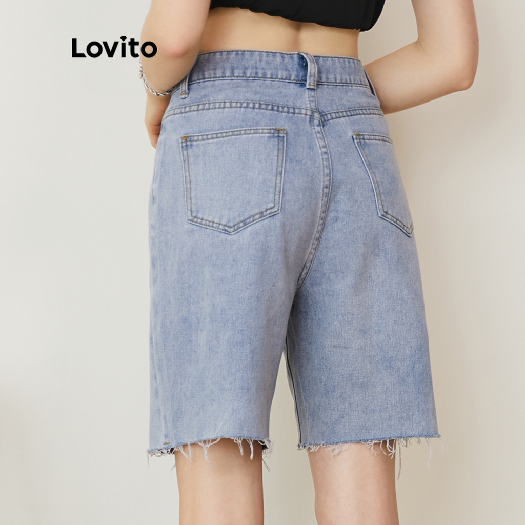 Lovito Dễ thương Đơn giản Nền tảng Quần short denim lưng trung thẳng hình trụ L24AD103 (Xanh lam)