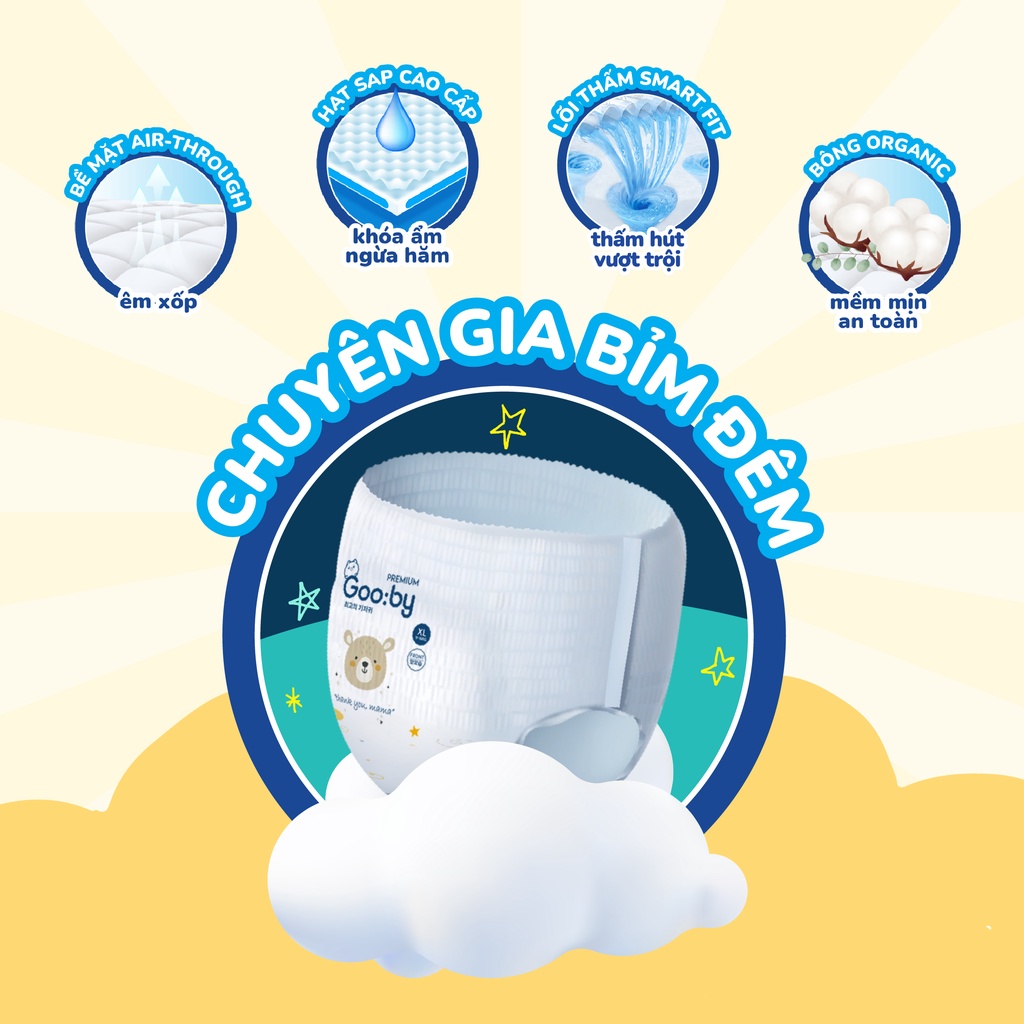 Tã/bỉm quần Gooby Premium - Chuyên gia bỉm đêm, chống trào đến 12h size M/L/XL/XXL cho bé từ 6kg - 24kg