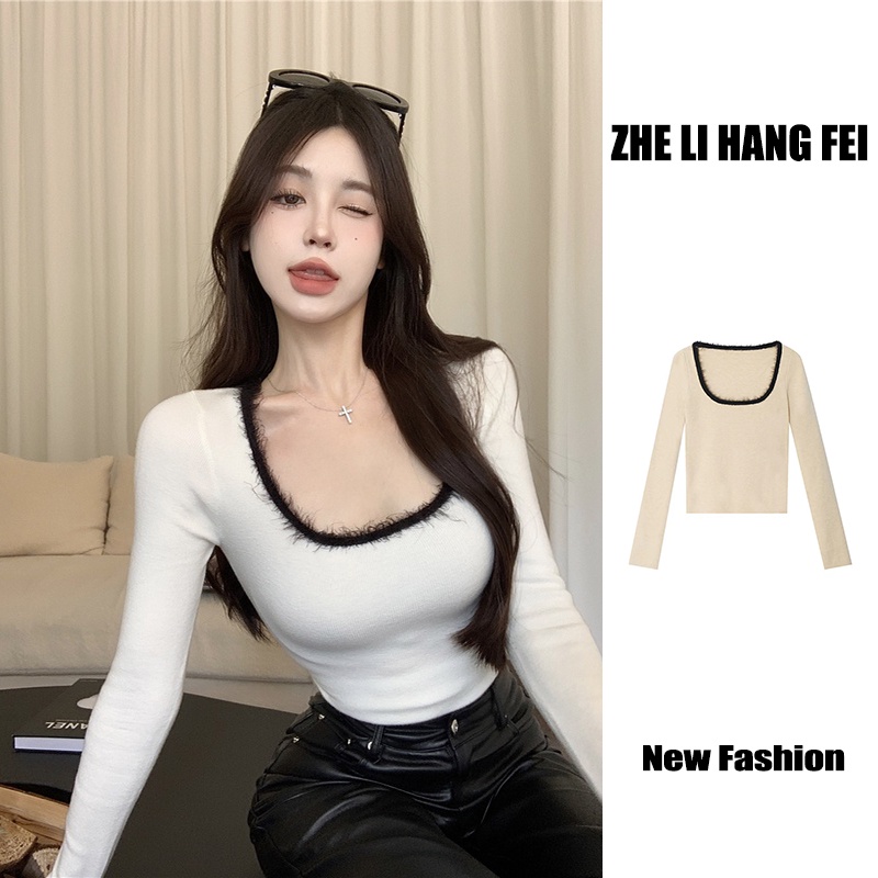 Áo croptop ZHELIHANGFEI tay dài cổ vuông ôm dáng phong cách quyến rũ cho nữ