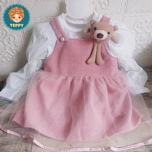 Đầm, váy nhung nhũ hồng kèm gấu, kèm áo