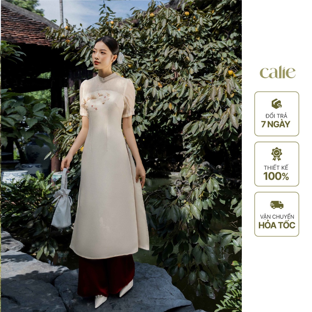 SET Áo dài tafta phối tơ thêu hoa nữ tính thếu đính thủ công Cao Cấp Calie AD010