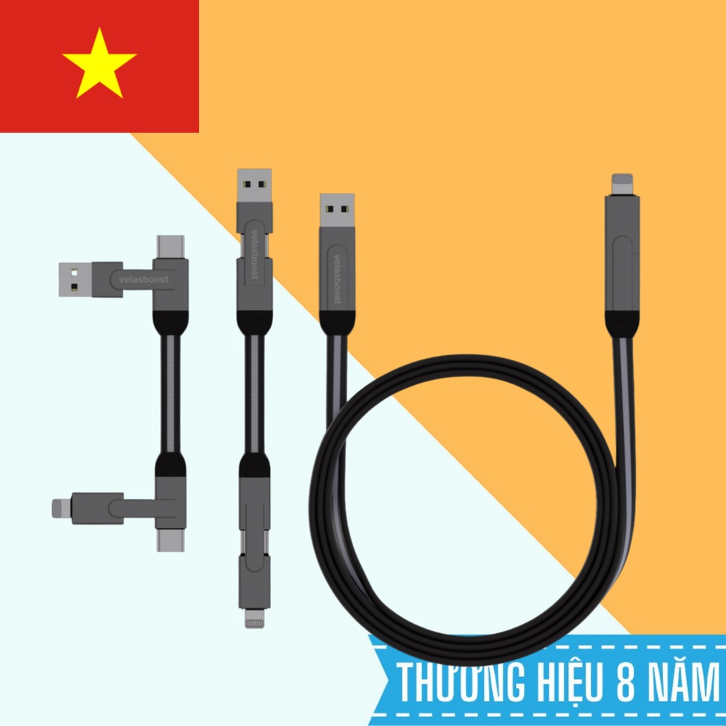Cáp sạc đa năng 4 in 1 chính hãng Velasboost bọc dù chắc chắn, Bảo hành 12 tháng lỗi 1 đổi 1