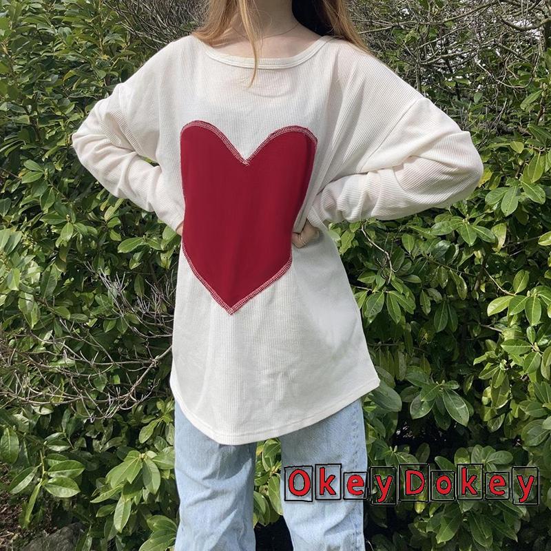 Áo Thun Nữ Dài Tay Cổ Tròn In Họa Tiết Trái Tim Thời Trang OKDK-Y2K