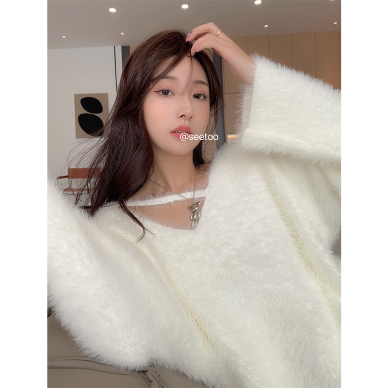 ÁO LEN LÔNG THỎ LỆCH VAI TIỂU THƯ QUẢNG CHÂU