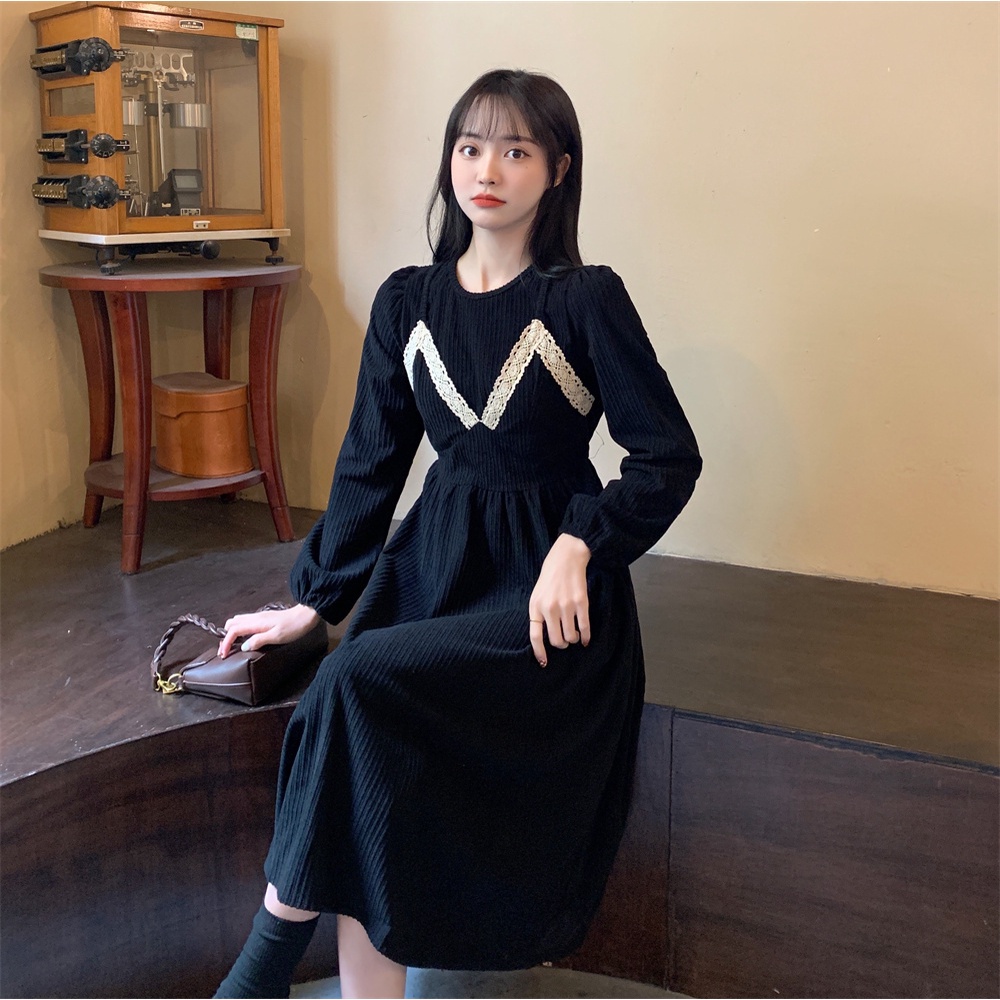 ZHELIHANGFEI Đầm tay dài hai mảnh váy nữ thần thắt lưng cao