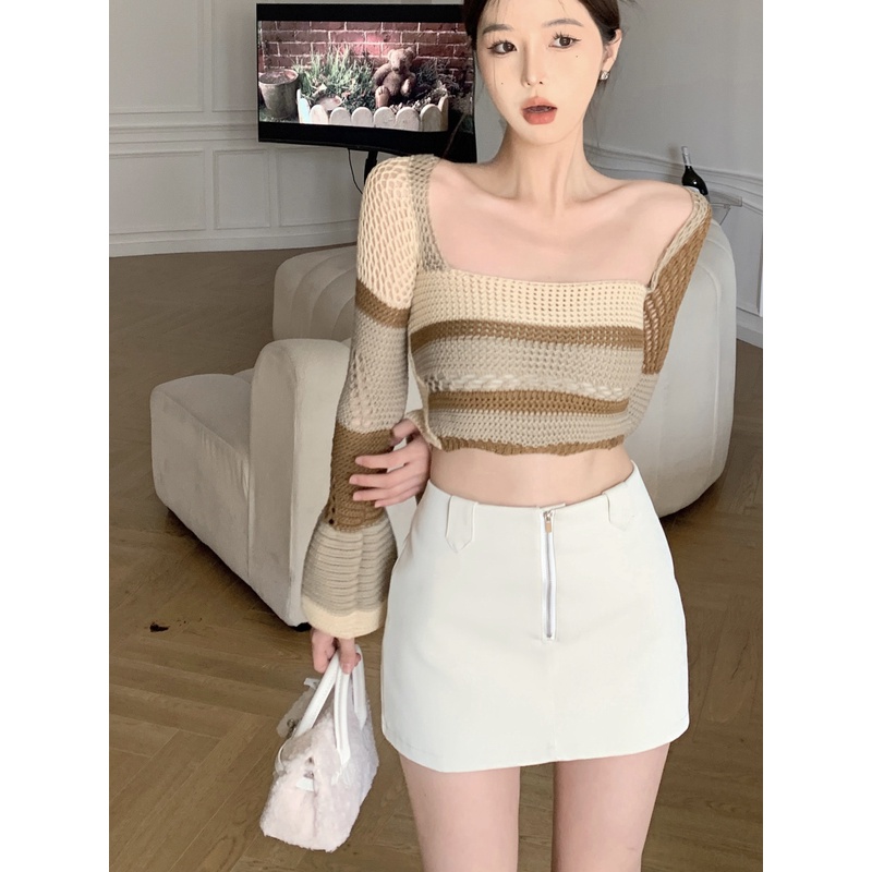 ZHELIHANGFEI Áo Dệt Kim Tay Loe Dài Cổ Vuông Lưng Cao Hở Rốn Gợi Cảm Cho Nữ