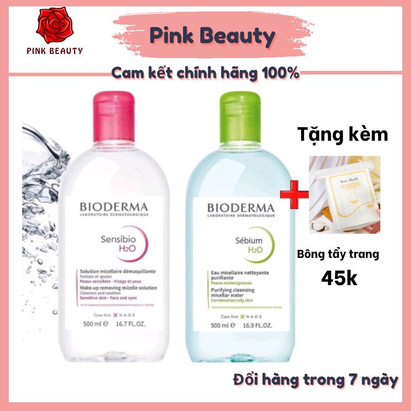 Nước tẩy trang Bioderma Crealine H2O nắp nhấn xanh,hồng 500ml [Tặng kèm bông tẩy trang 222 miếng Lameila]