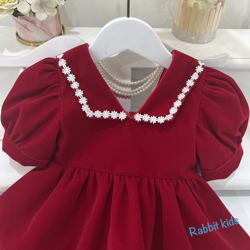 Váy Bé Gái Size Đại 8-40kg💝FREESHIP💝 Rabbit Kids-Đầm Nhung Đỏ Chuỗi Ngọc Trẻ Em 1,2,3,4,5,6,7,8,9,10 tuổi