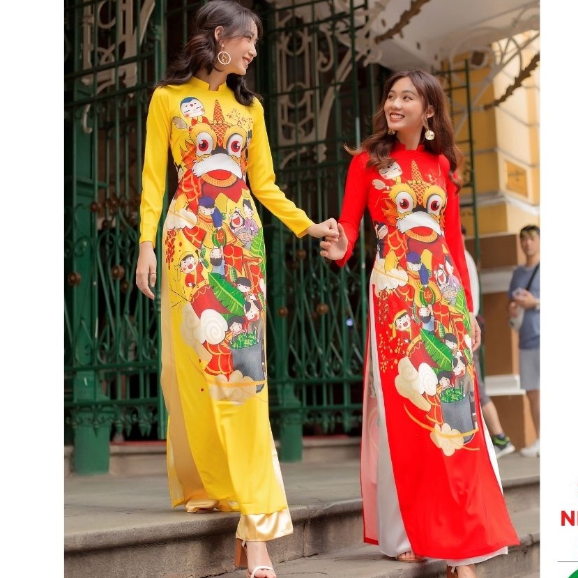 Áo dài truyền thống nữ, áo dài lụa cổ tròn lụa dãn đẹp có size họa tiết múa lân lễ tết khai trương .