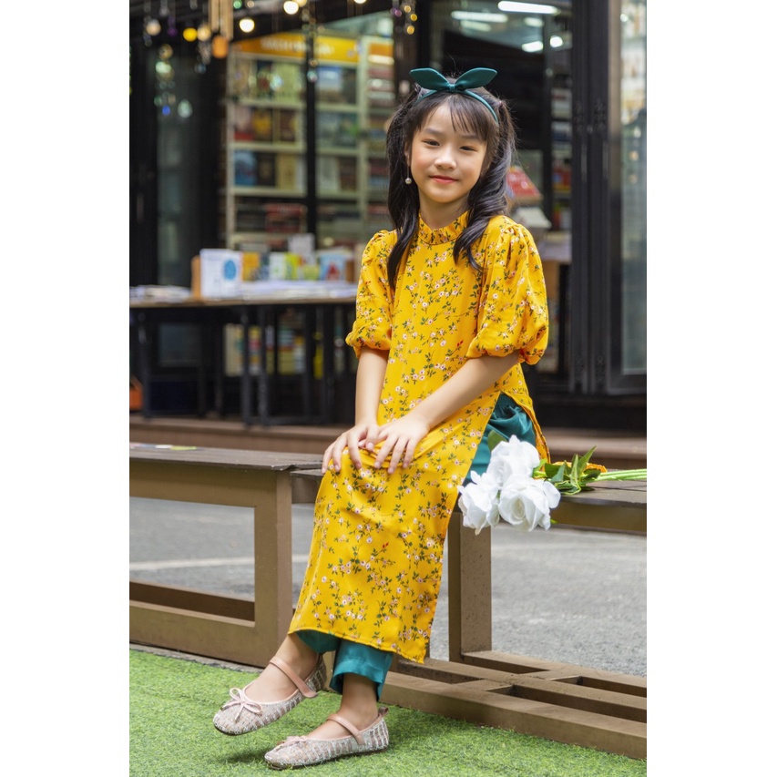 Áo dài cho bé gái - áo dài cách tân cho bé gái thiết kế tay phồng hoạ tiết Bách Hoa Xuân chất liệu lụa mango cao cấp