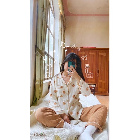 Bộ ngủ pijama xô muslin hoạ tiết dài tay - Bộ ngủ gấu nâu mặc nhà dễ thương by Kamila K07