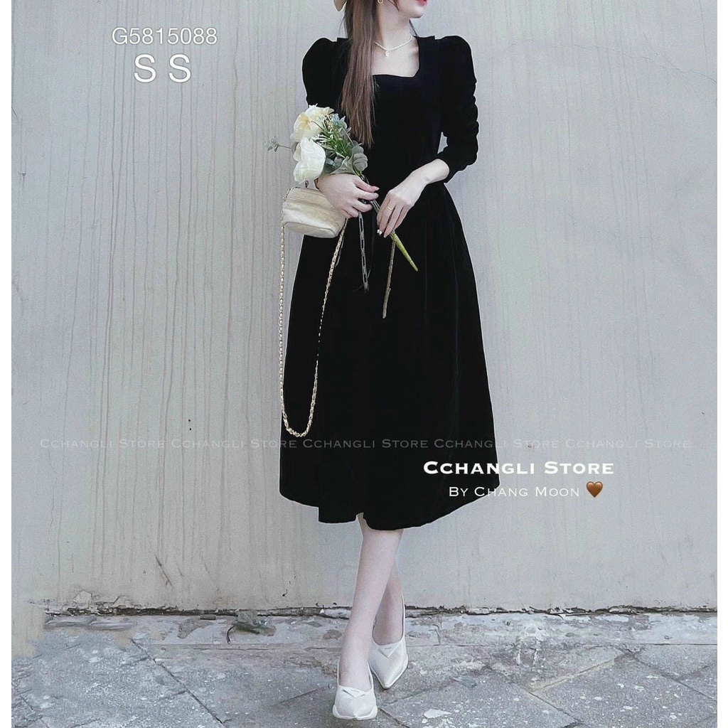 [12.12 Sales Freeship] Đầm nữ tiểu thư vintage dáng dài, đầm nhung cổ vuông tay dài ôm eo dáng xòe đi cưới sang chảnh