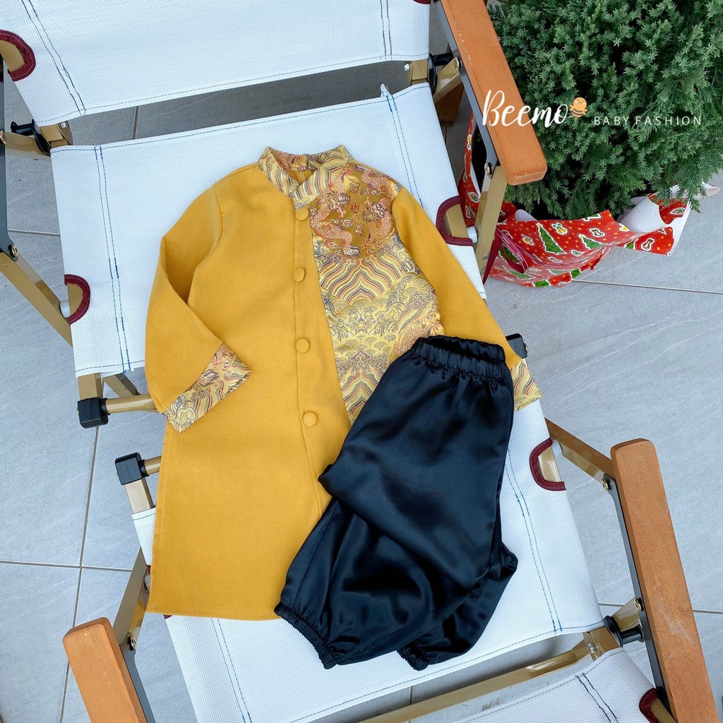 Sét áo dài cách tân cho bé trai Beemo,áo dài thân phối gấm rồng sang trọng cho bé trai,hàng thiết kế chuẩn loại 1