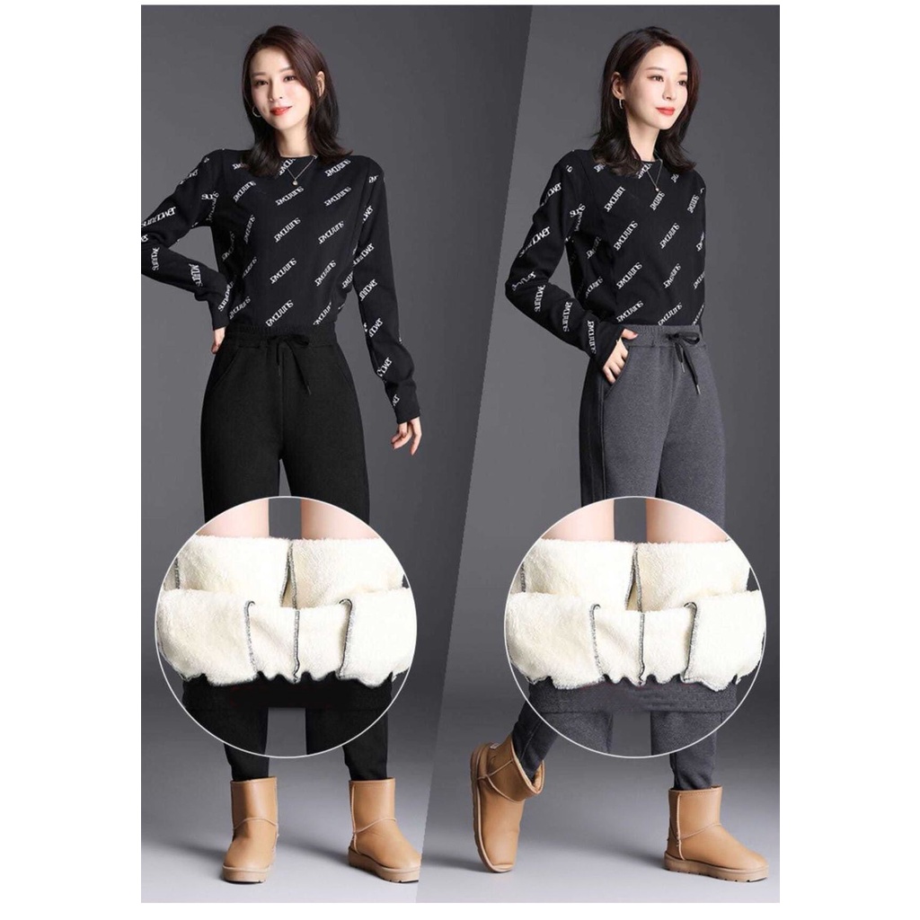 Quần Legging Cotton Lót Lông Cừu Dày Dặn Lưng Cao Giữ Ấm Mùa Đông Cho Nữ