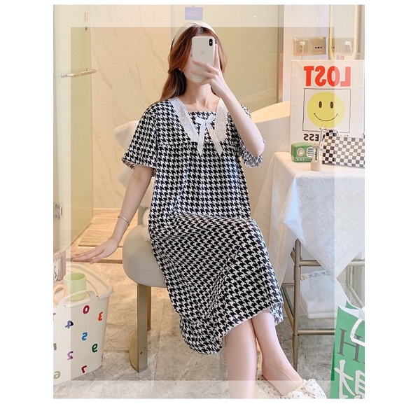 Váy Mặc Nhà Cho Mẹ Bầu Sau Sinh Cho Con Bú Chất Cotton Dệt Kim Co Giãn