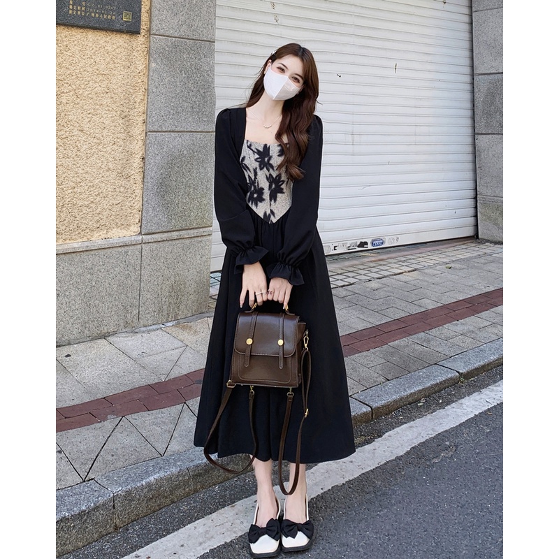 Đầm ZHELIHANGFEI phong cách pháp cổ vuông tay dài eo ôm xinh xắn