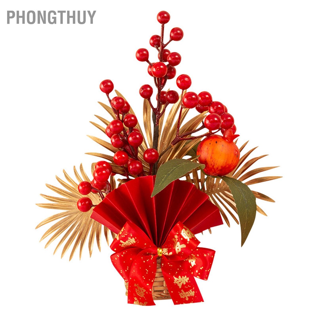 Chậu hoa phong thủy màu đỏ - Cành hoa đào đông - Cành Lá Vàng Hút Tài Lộc Trang Trí Nhà Dịp Lễ Tết Năm Mới