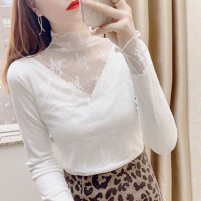 Áo sweater Vải Bông Cổ Cao Phối Ren Màu Trắng Phong Cách Phương Tây 11.11