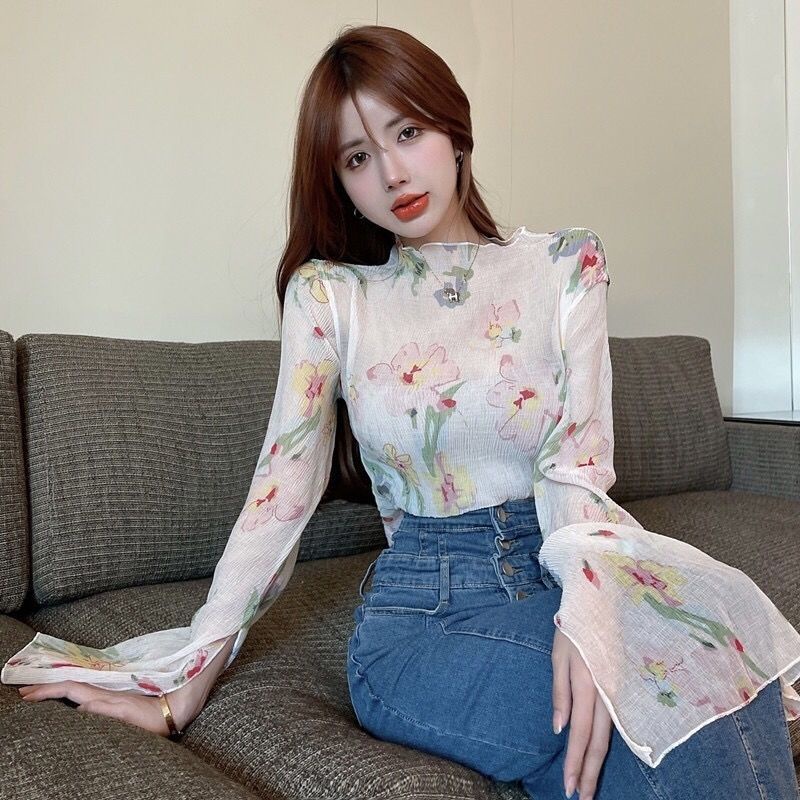 Áo Sơ Mi Chiffon Tay Dài Loe Cổ Cao Xếp Ly Ôm Dáng In Họa Tiết Thời Trang Cho Nữ | BigBuy360 - bigbuy360.vn