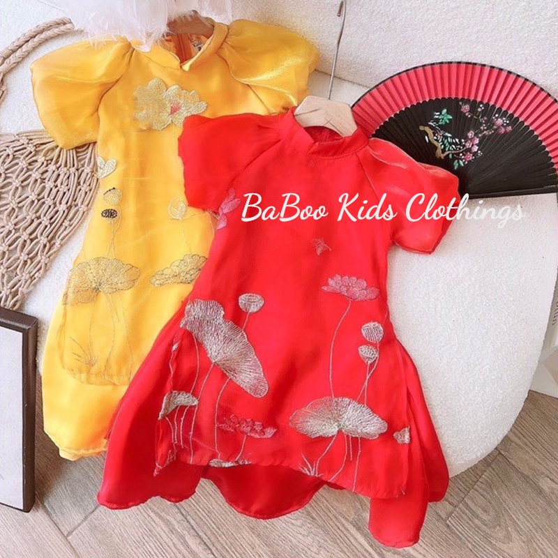Áo dài cách tân họa tiết hoa sen cho bé gái BaBoo Kids