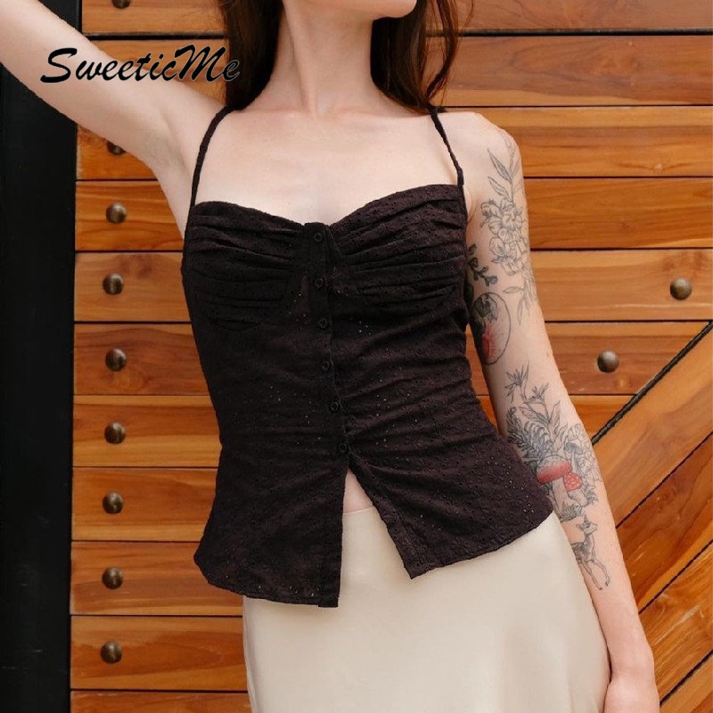 Áo Tank Top Cổ Chữ V Màu Trơn Cài Nút Hở Lưng Tùy Chỉnh Thời Trang Cho Nữ