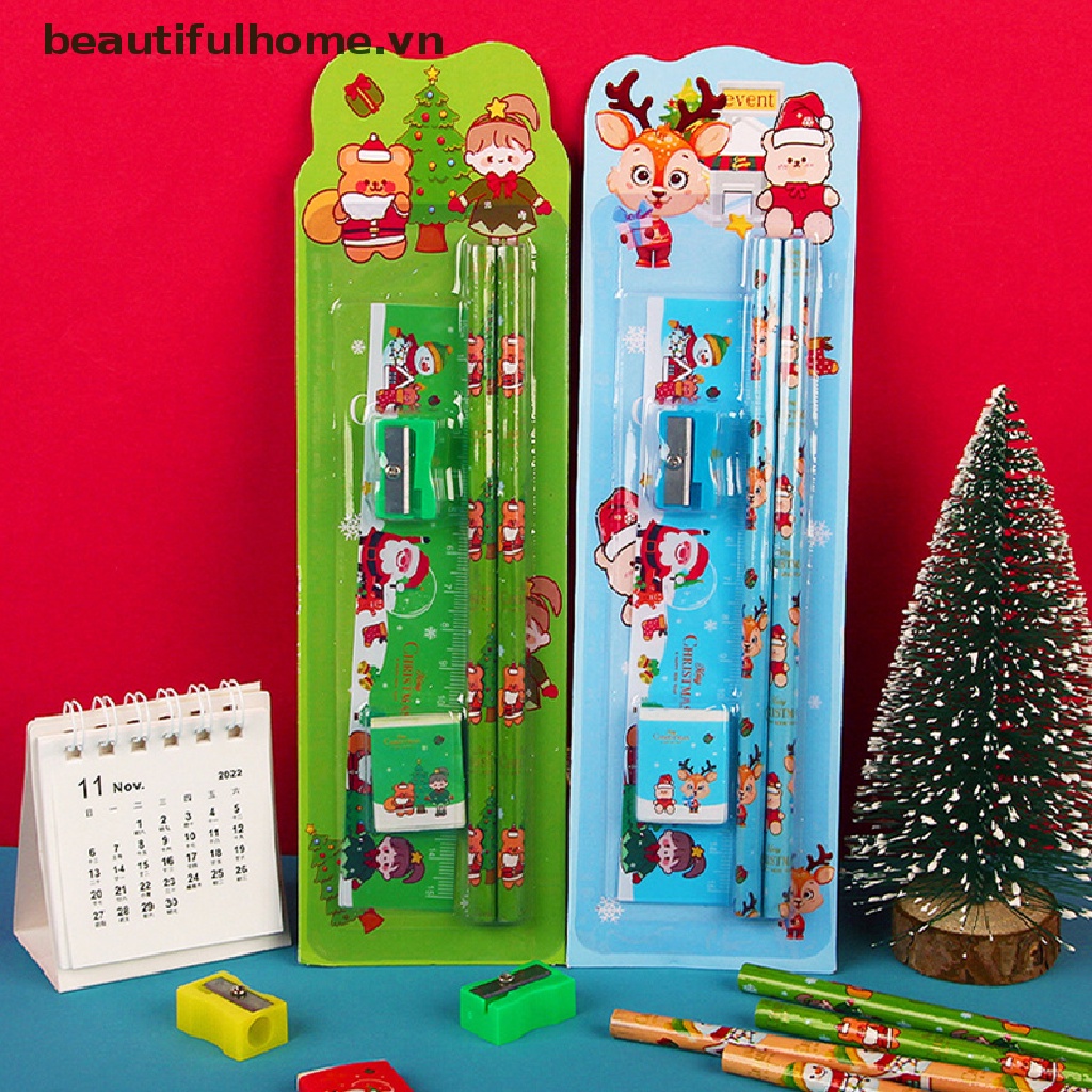 [beautifulhome] 5Pcs/Set Cute Cartoon Stationery Set Christmas Stationery Set Pencil Sharpener Eraser Ruler Set Gift Student Stationery Children's Day Gifts [beauty]