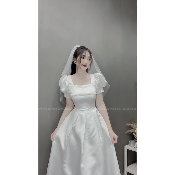 ĐẦM TRẮNG MIDI LẬT NGỰC CHẠY VIỀN HẠT