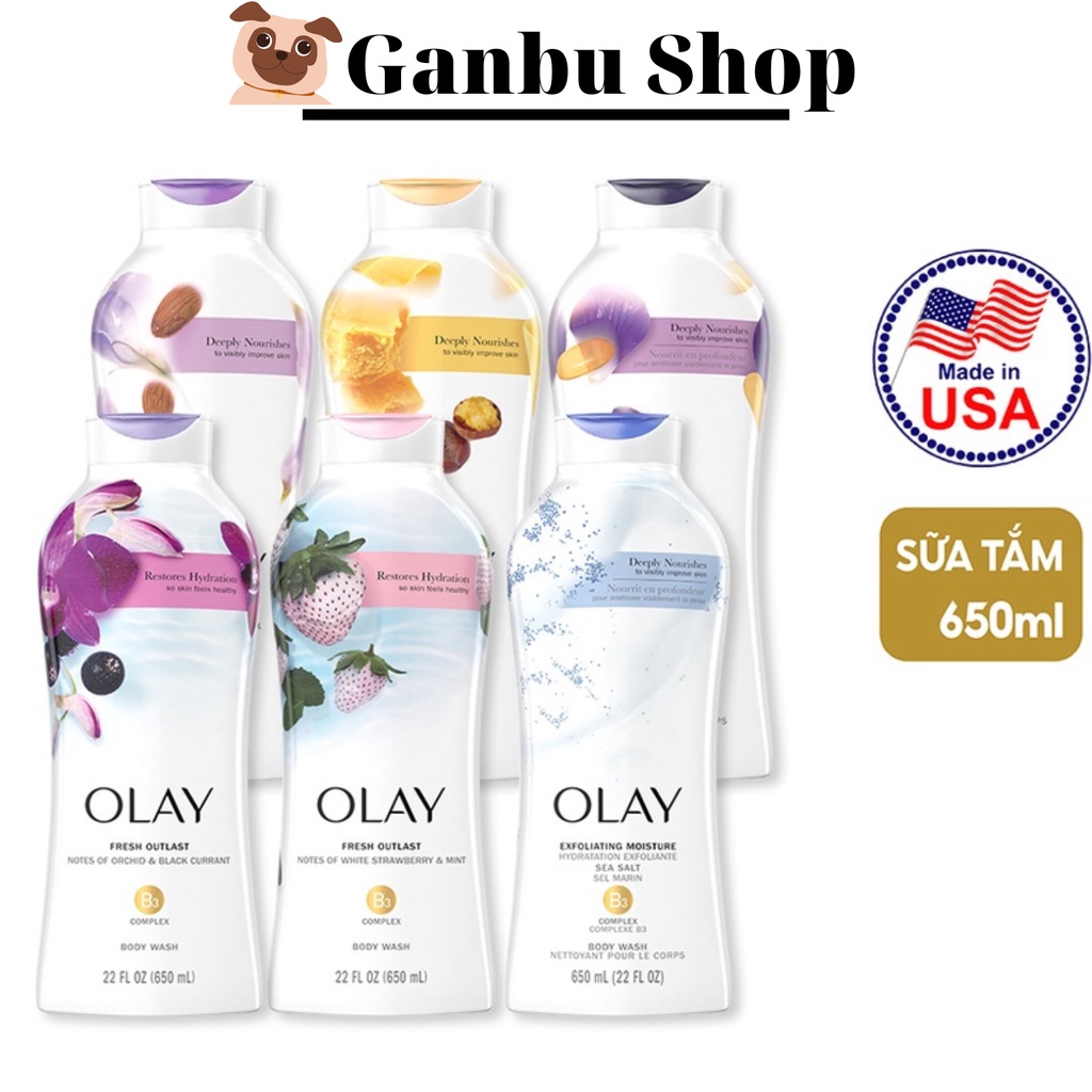 Sữa Tắm Olay Mỹ 650ml 7 Mùi Hương Trắng Sáng Da, Dưỡng Ẩm, Ngừa Lão Hóa, Hương Thơm Dài Lâu