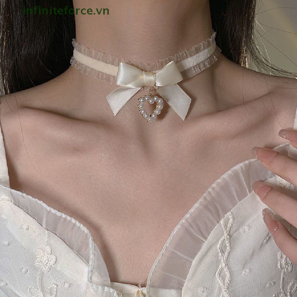 Vòng Cổ Choker Ren Thắt Nơ Trái Tim Thủ Công Phong Cách Vintage Cho Nữ