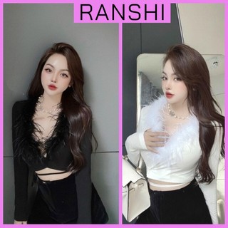 Áo Croptop Dài Tay RANSHI Áo Thun Cổ Tim Phối Lông Cột Dây Eo Phong Cách Trendy Thời Trang Cho Nữ - RA086